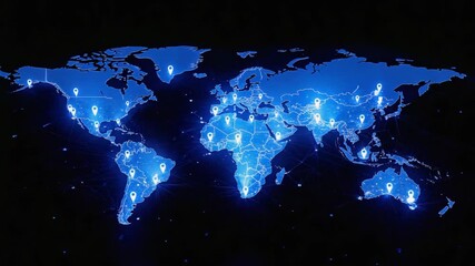 Blue glowing digital world map with location pins global connection, data networks, technology communication, international relations, and worldwide digital infrastructure linking countries together. - Powered by Adobe
