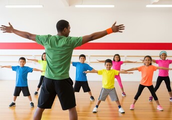 Energetic male teacher leading diverse children in a vibrant fitness class