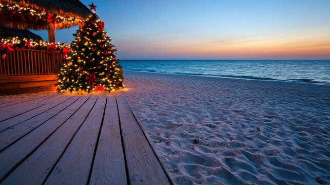 Christmas tree decorated with lights and ornaments on sandy beach at sunset, festive tropical holiday atmosphere, wooden deck foreground - Powered by Adobe