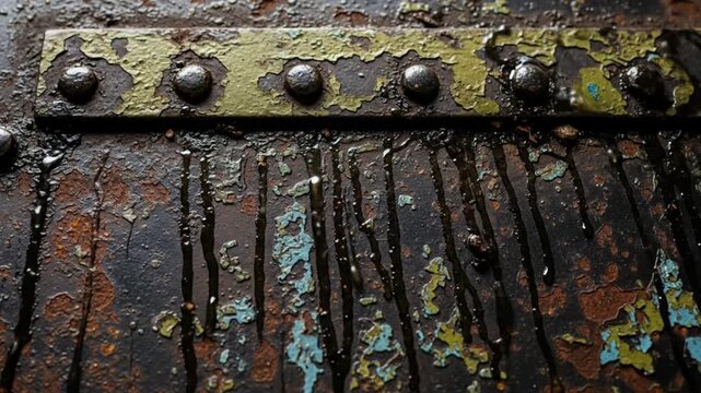 Detailed close-up of weathered rusty metal with dripping oil and peeling paint textures