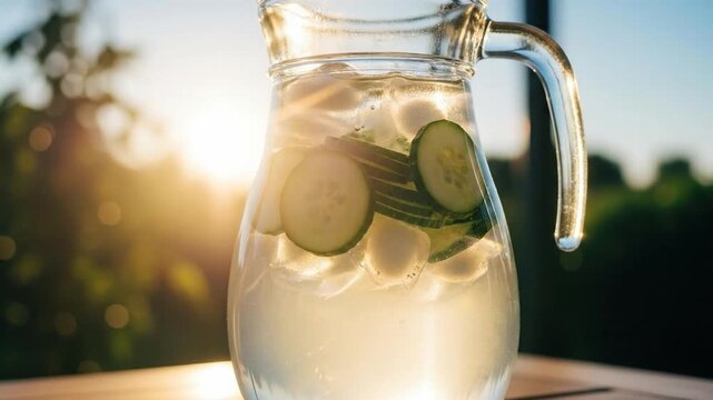 Clear glass pitcher of refreshing water with cucumber and ice on wooden table