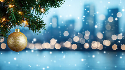 Christmas ornament gold festive cityscape riverbank winter snow bokeh lights night