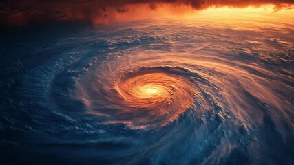 Fiery vortex swirling in the atmosphere above the ocean surface illuminated by dramatic sunlight, power of nature, destructive force, mesmerizing beauty of storm clouds merging a glowing hurricane eye - Powered by Adobe