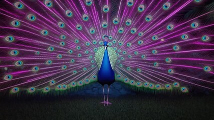 Enchanting Peacock Display in a Mystical Garden at Night.
