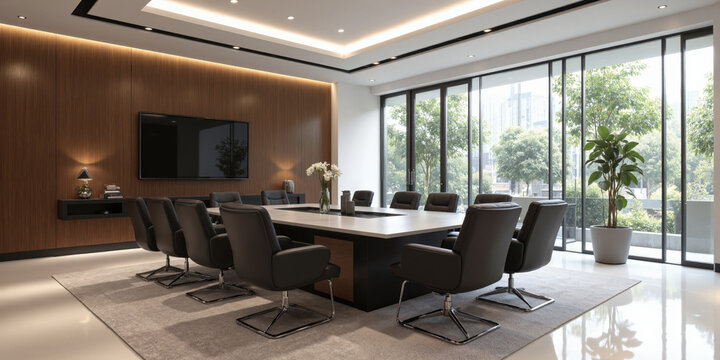 High-end conference room with a glass table, black leather chairs, and polished wood accents. Task lighting over the table ensures