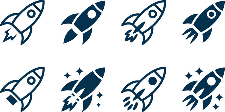 Set of eight rocket launch icon variations