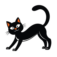 Black cat stretching on orange background