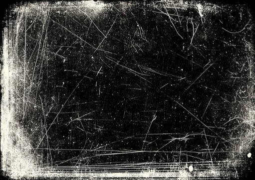 Grunge texture featuring white scratches and dust on a deep black background.