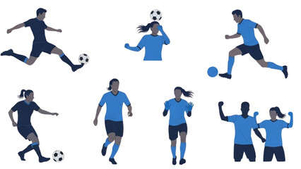 Collection of male and female soccer players in various dynamic action poses