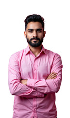 Obraz premium A South Asian male leader in vibrant pink, arms folded, with rising data points and financial symbols representing the successful