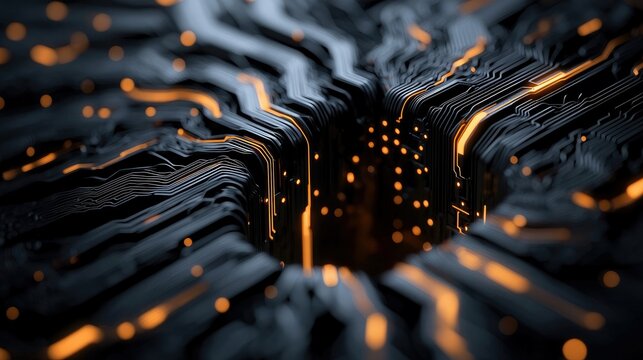 Close-up view of a dark, abstract circuit board with intricate lines and glowing orange lights, suggesting advanced technology and data flow. The background is - Powered by Adobe