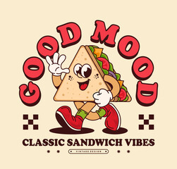 Retro cartoon sandwich character in a fun and colorful style, perfect for T-shirt design, food graphic, apparel print, and playful vintage artwork