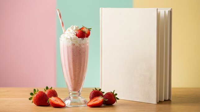 Delicious strawberry milkshake with whipped cream and fresh strawberries next to a blank book