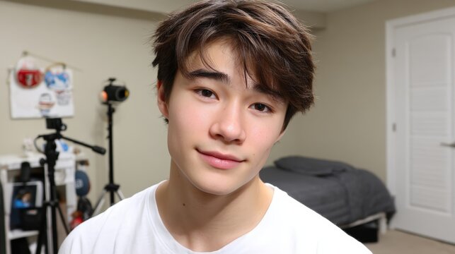 Teenager scrolling phone using a tripod, inside a bedroom, lit with soft ring light, captured in over-the-shoulder shot, styled as lifestyle social media, representing Asian, clean background with - Powered by Adobe