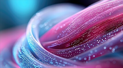 Close-up view of intertwined digital fiber optic strands glowing with vibrant pink and blue neon light, with small illuminated dots along their surfaces.