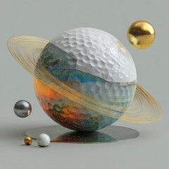 Golf ball planet with rings and colorful texture, creative design