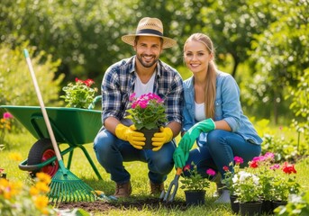A happy couple gardening together in a sunny garden, planting flowers and tending to plants with gardening tools and a wheelbarrow