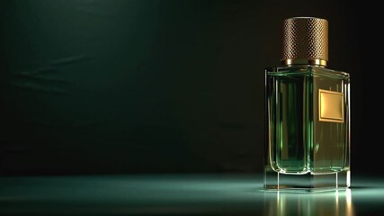 Elegant Green Perfume Bottle with Gold Accents on a Dark, Reflective Surface A Luxurious Advertisement for a Sophisticated Scent