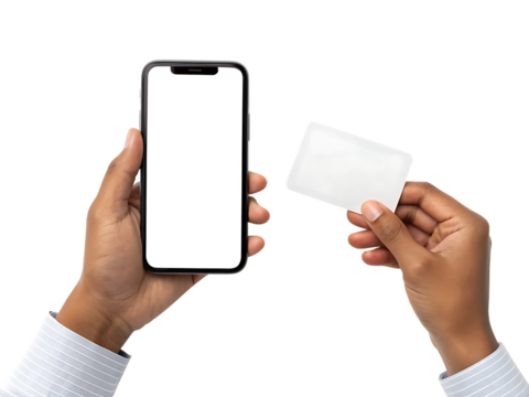 Hands holding smartphone and blank credit card