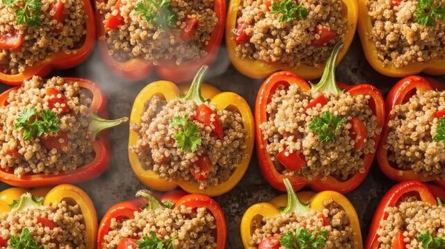 Stuffed bell peppers overhead view on baking sheet