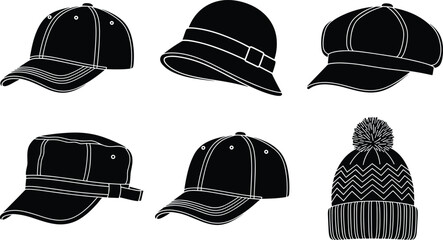 Black silhouette fashion headwear vector set including baseball caps, winter beanie, bucket hat, and newsboy cap icons.