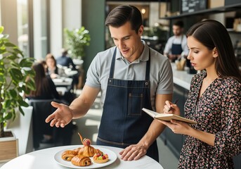 Restaurant manager presents delicious pastries to a food critic in a modern cafe
