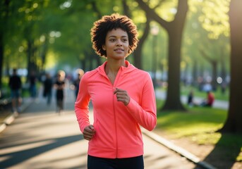 Young black woman jogging outdoors, focused on fitness and exercise