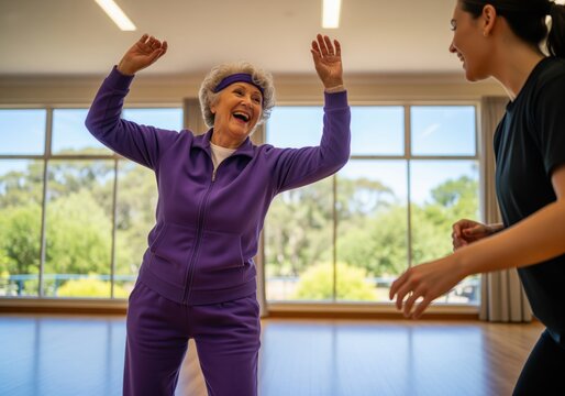 Energetic senior woman laughing and dancing during a lively fitness class - Powered by Adobe