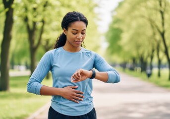 Active black woman checking smartwatch during her morning run workout
