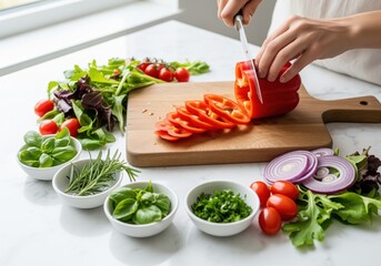 Hands slicing vibrant red bell pepper on a cutting board for healthy meal prep
