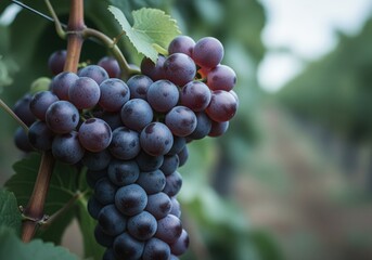 Vibrant cluster of ripe purple grapes hanging on a vine in a vineyard