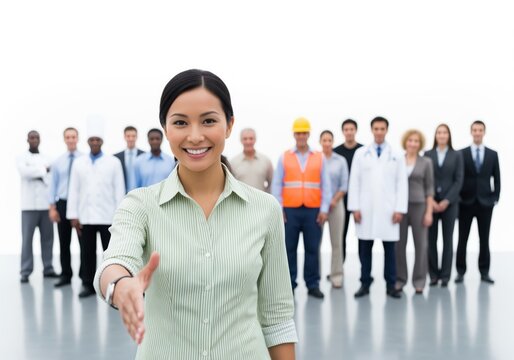 Smiling businesswoman extending hand for welcome with diverse team