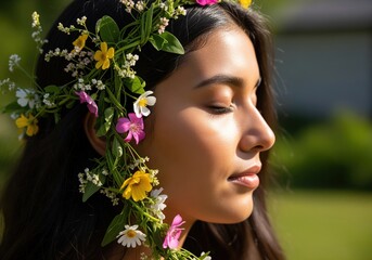 Peaceful profile of a young woman with dark hair and a vibrant flower crown