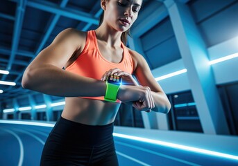 Athletic woman monitoring workout data on a bright green smartwatch