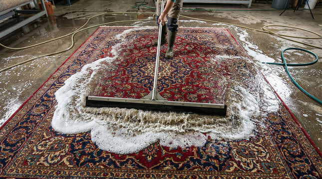 Worker washing a large patterned oriental rug with a squeegee and water on a wet floor in a cleaning shop
