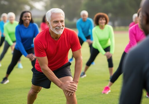 Happy senior man stretching with diverse group in outdoor fitness class