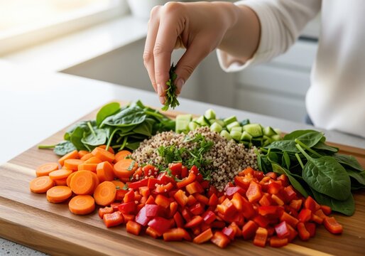 Preparing a healthy meal with fresh chopped vegetables and quinoa on a board - Powered by Adobe