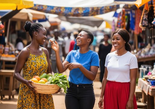 Three happy african women laughing together at a vibrant market