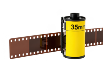 A roll of 35mm film with a strip of film unwound, isolated on transparent background