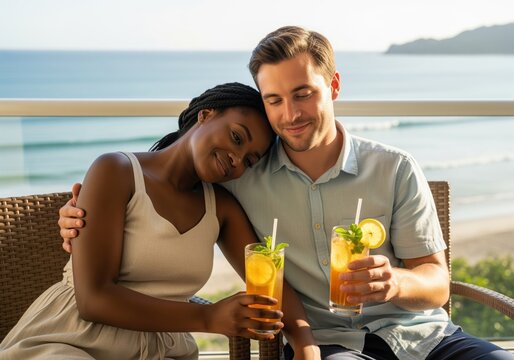 Diverse couple enjoying refreshing drinks on a sunny romantic balcony vacation