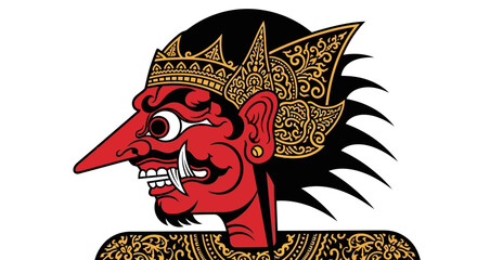 A stylized illustration of a red-faced, crowned figure, likely a traditional cultural icon.