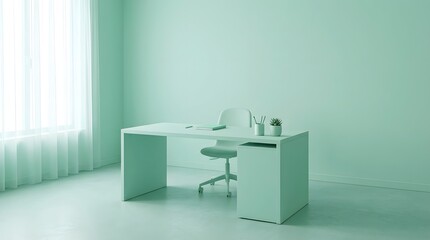 Fototapeta premium Minimalist office interior with teal color scheme and modern furniture