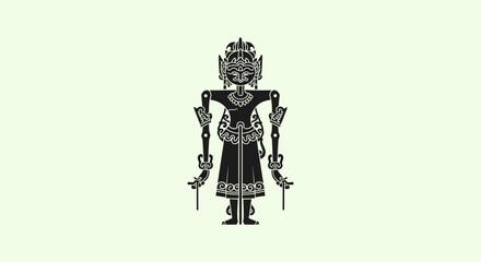 Intricate black and white illustration of a traditional puppet figure with detailed headdress and ornate clothing.