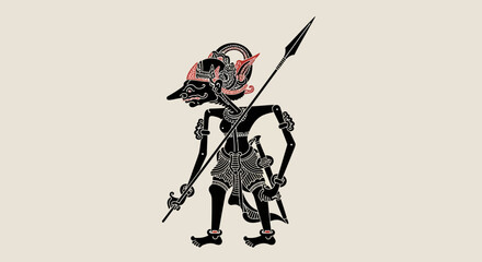 Obraz premium Wayang Kulit shadow puppet figure, holding a spear, in traditional Indonesian art style on a light background.