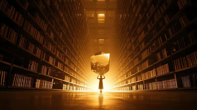 Mysterious Figure Walking Through an Endless Library Hallway Towards a Glowing Light