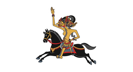 A stylized illustration depicts a figure riding a horse with an arm raised.