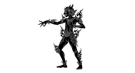 Silhouette of a mythical Thai character in a dynamic pose, adorned with flame-like details.