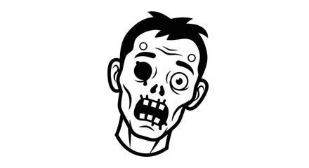 A black and white illustration of a zombie head, showing a decayed face.