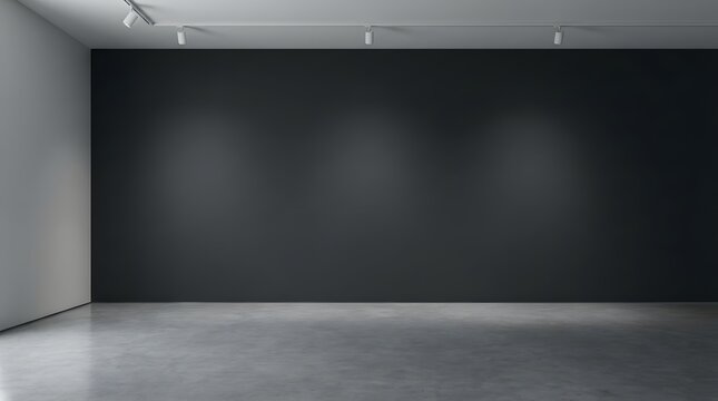 Empty modern gallery space with grey walls and dramatic lighting