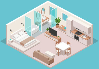 Rendered in soft pastels, this isometric studio apartment features a glass-walled bathroom next to a platform bed, flowing seamlessly into a modern kitchen and living space accented by lush greenery